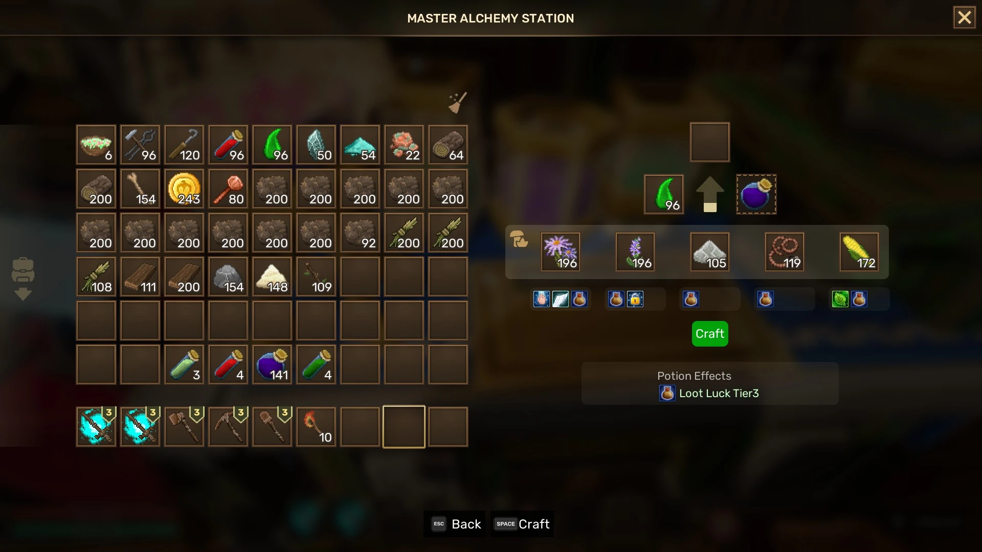 Everwild crafting interface crafting Loot Luck Potion at Master Alchemy Station using all slots