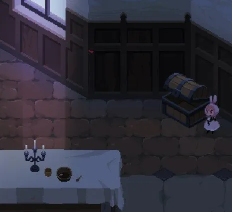 Rubinite chest position near the large banquet table in the Dining Hall