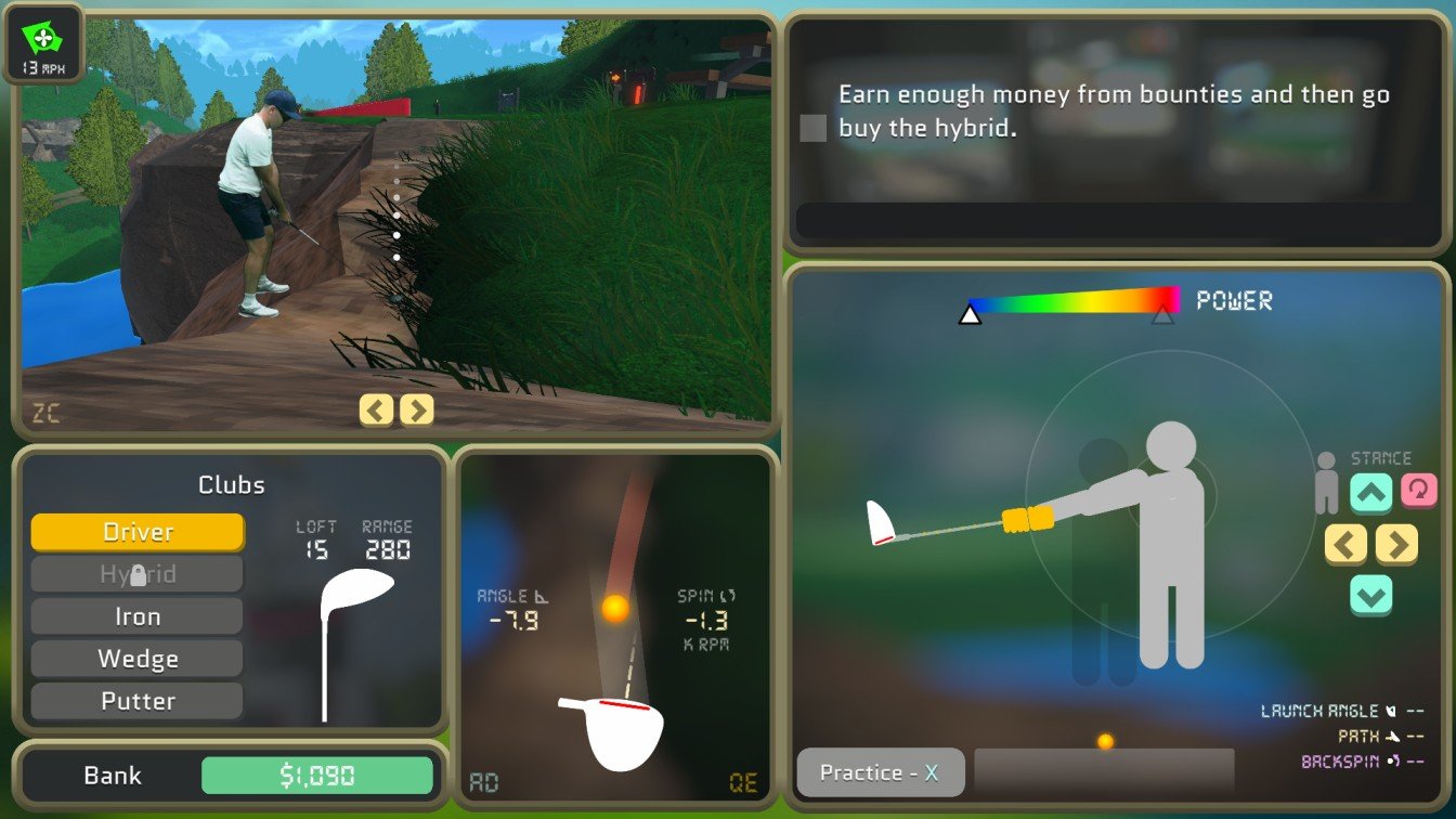 Normal Golf Game player aiming driver shot fully right stance over rocks near Hole 5