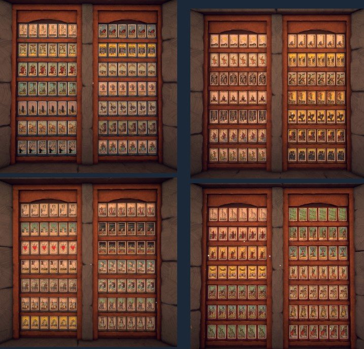Minor Arcana cards rely on suits and their associated colors for placement, with each suit spanning across two adjacent shelves.