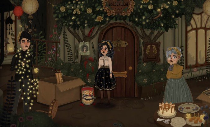 Allogloom Chapter 1 initial area with Nora talking to Tommy and Gran near a cardboard box.