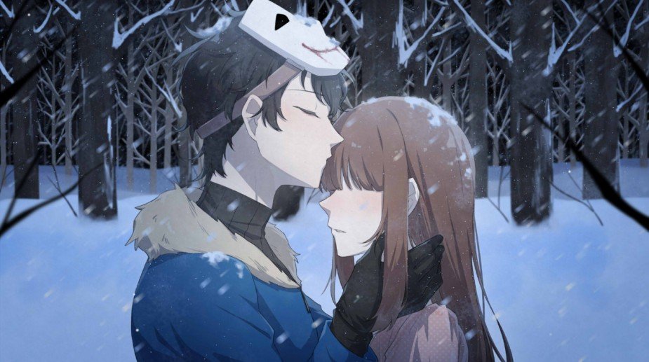Bloody Painter Dating Sim screenshot showing Good Ending 4 Madmen's House final scene with BP and protagonist.