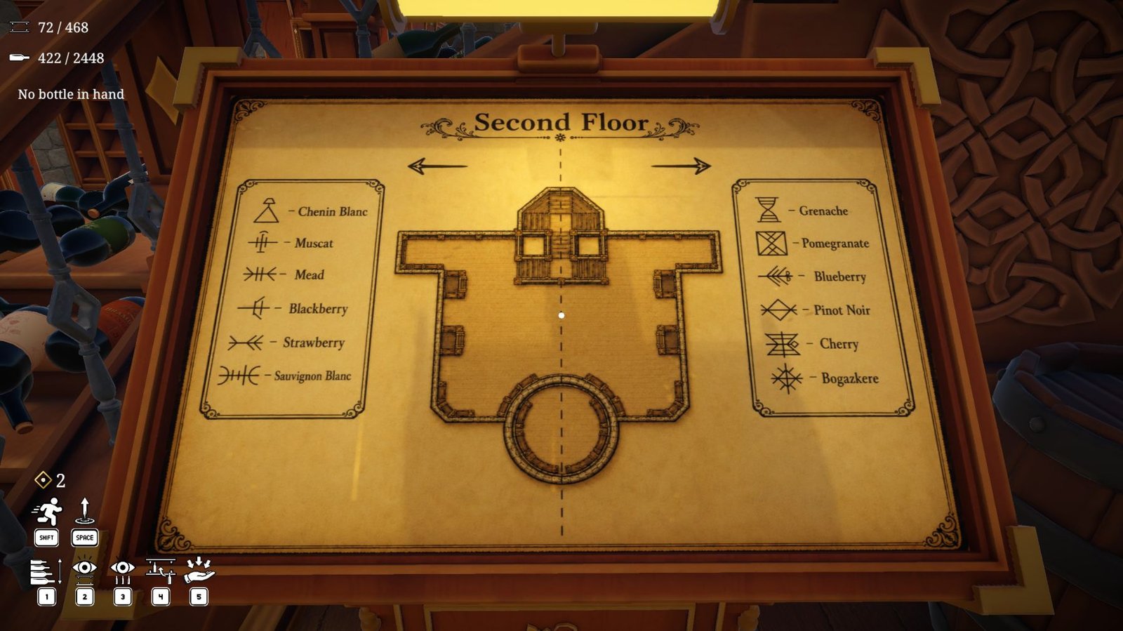 Cellar Keeper second floor wine shelves showing complex layout and shelf order compared to map