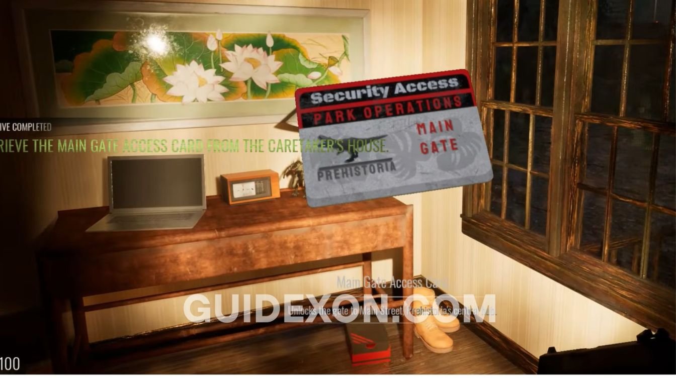 Clawed caretaker's house interior with bed showing main gate access card