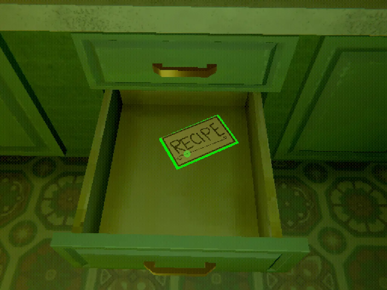 Creature Kitchen sink area showing a recipe floating like a small boat inside the sink basin.