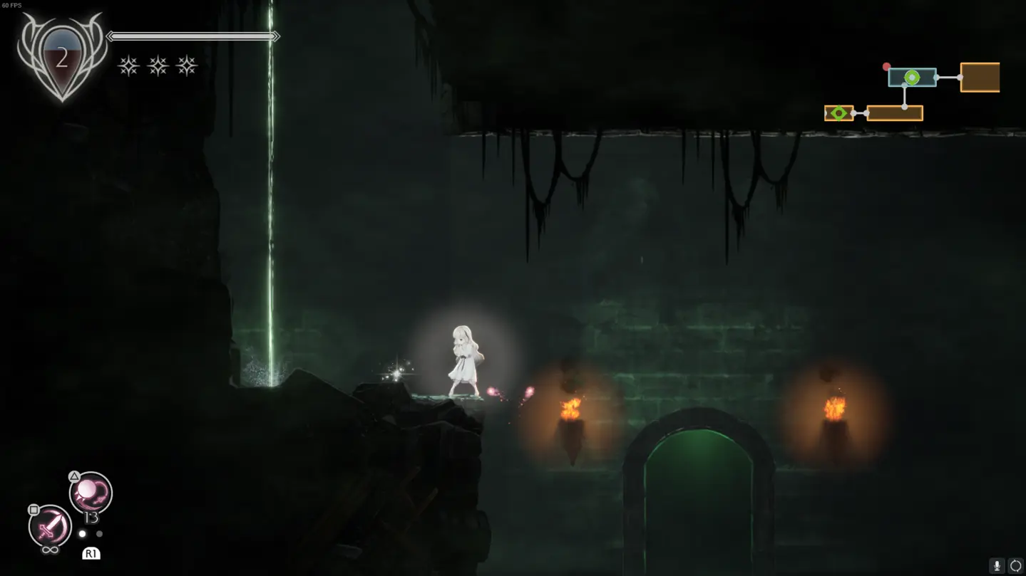 Ender Lilies game Room A6 showing Amulet Fragment location at the bottom of pit with lever and Finding near area exit.