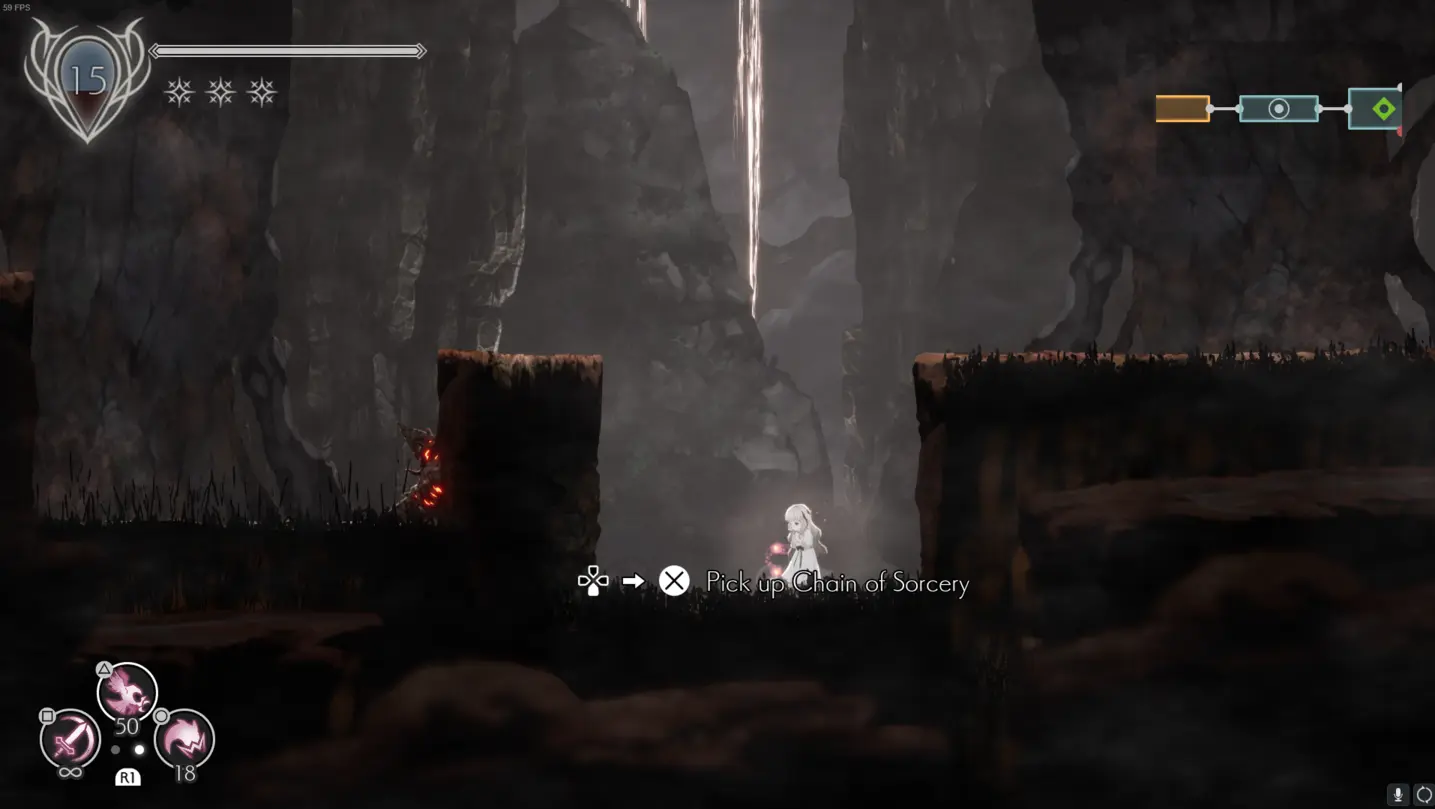 Ender Lilies Room A10 with no collectibles but miniboss spirit and Chain of Sorcery item location planning.