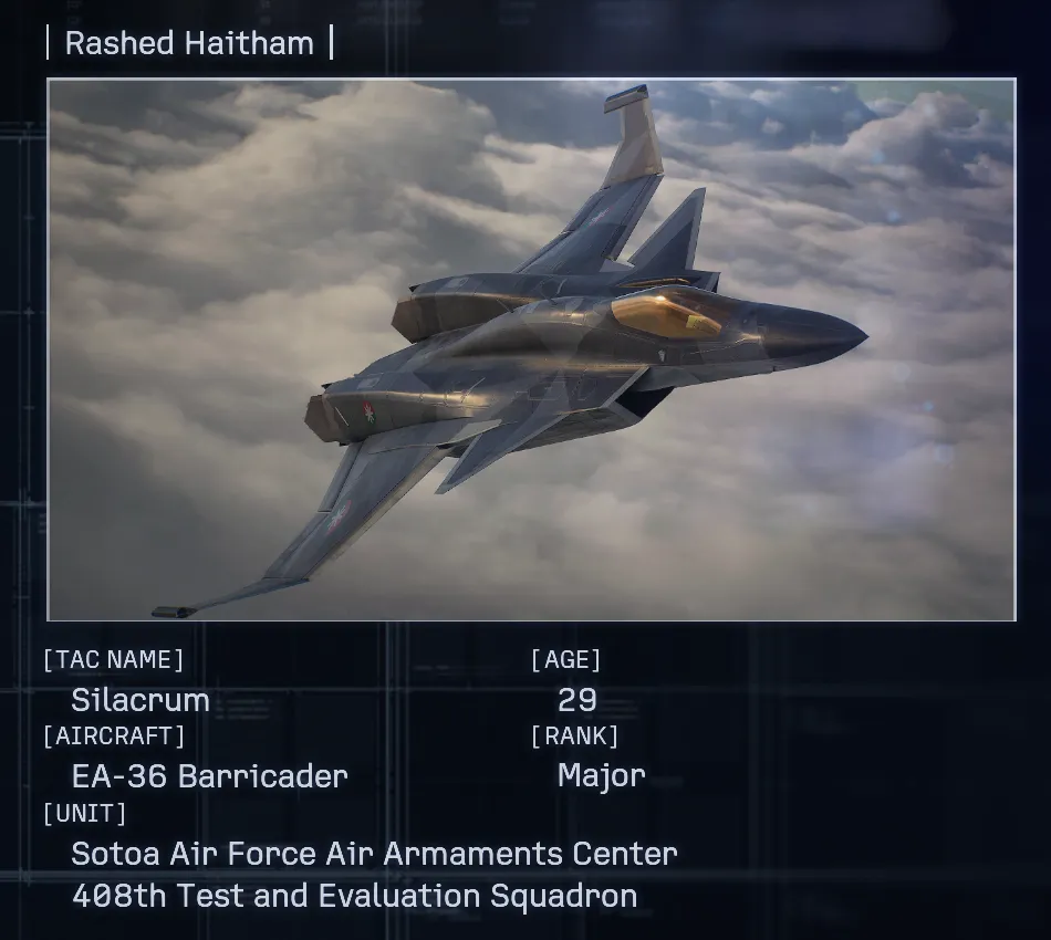 Sakat Vasiev, "Cinis" and Rashed Haitham, "Silacrum" both spawn in Mission 25, "The Battle of Rocky Island, Day 2." To bring out Cinis, destroy every Land Destroyer and Land Aegis vessel, including airdropped and waterborne units. Following that, Cinis appears in the south. To trigger Silacrum, fly skillfully between the moored Podarge's wings and the ocean surface. Silacrum will then spawn near Cinis' location.