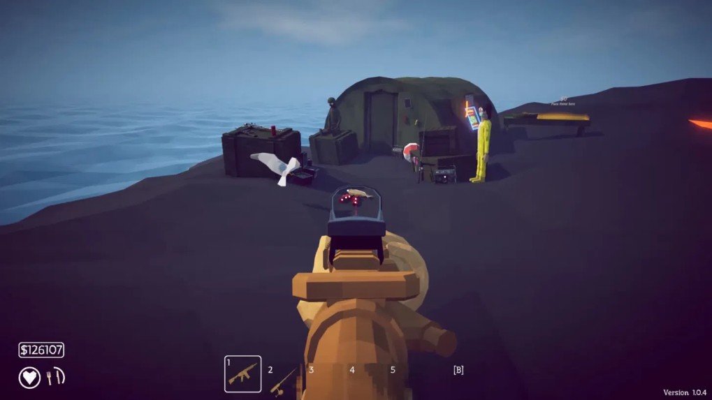 How to Fish screenshot showing dynamite explosion as a seagull reaches for the bait on the island.