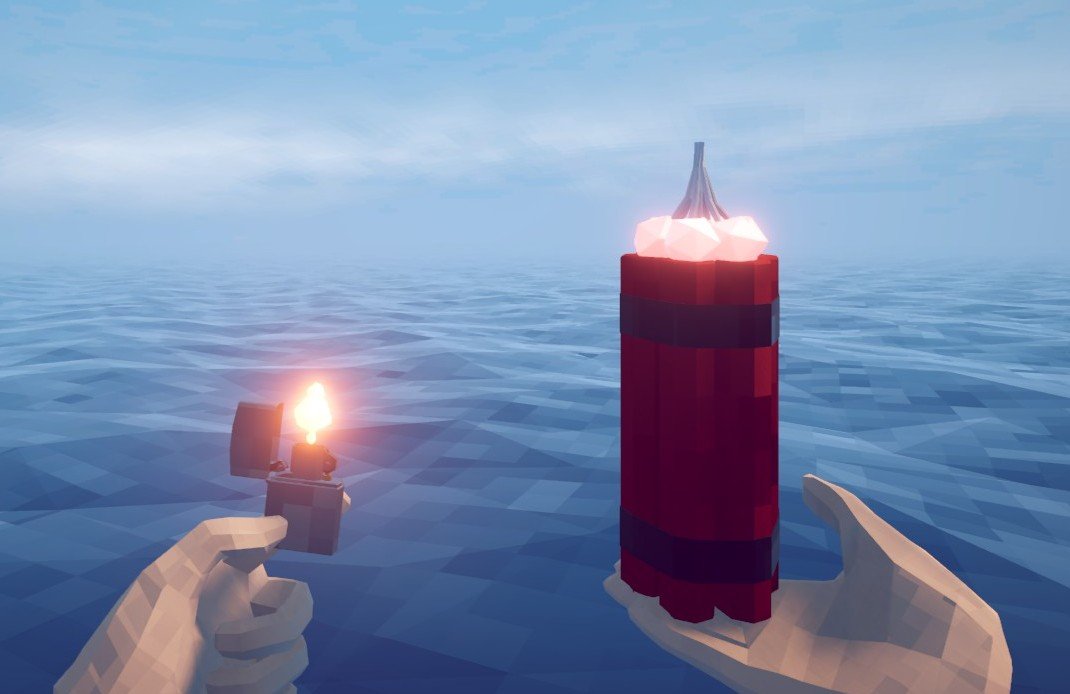 How to Fish gameplay showing the dynamite fuse lit and the bait placed on the ground for the fuse pause technique.