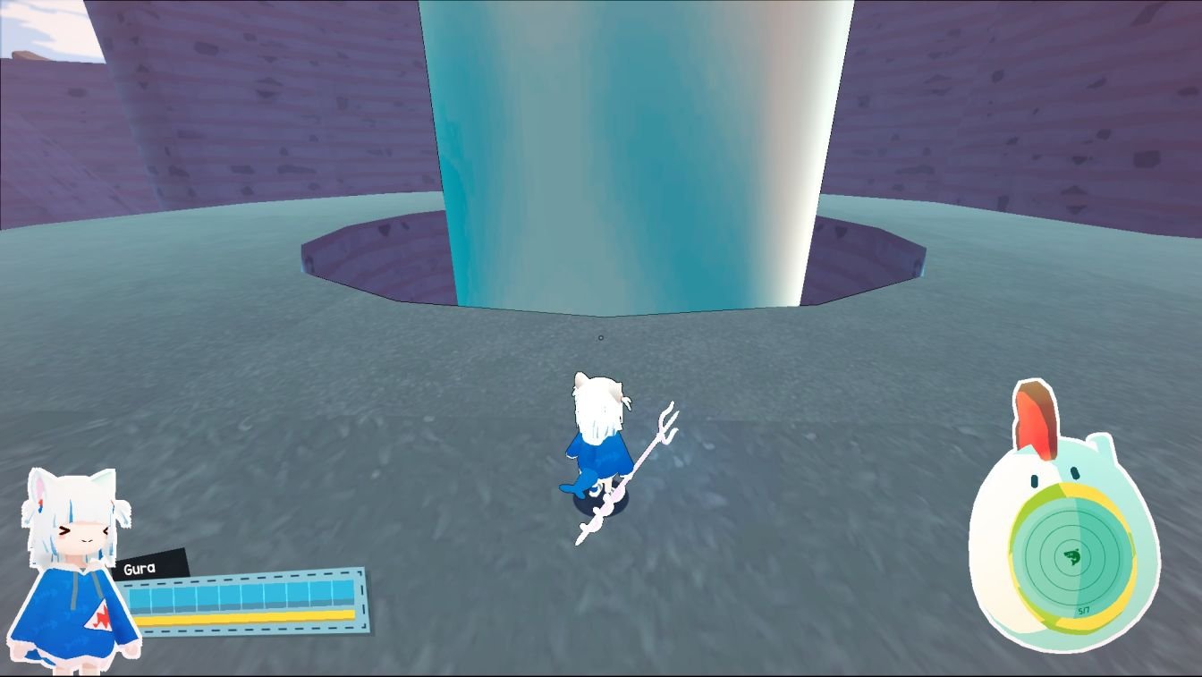 Gawr Gura game Cowboy Hat location near waterfall with skateboard chicken