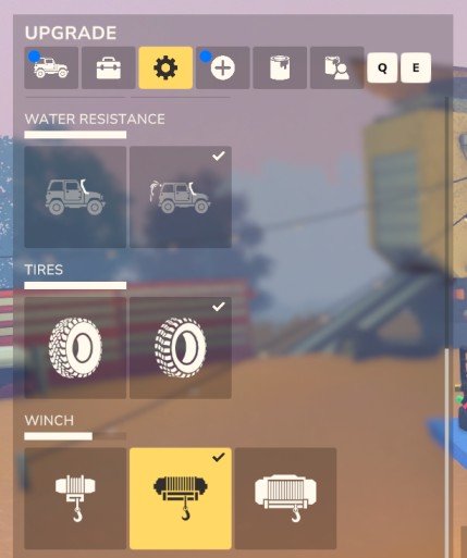 Over The Hill inventory screen showing Portable Winch and Stage 2 winch equipped.