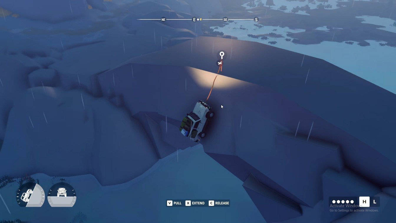Over The Hill extending winch cable on vehicle hung over cliff in Gimli Ridge.