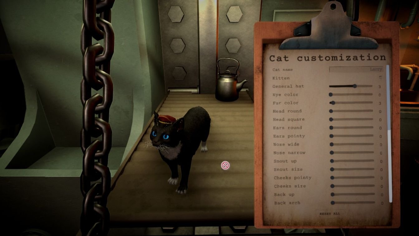 IRON NEST cat customization screen showing options for eye color, fur, ears, and nose.