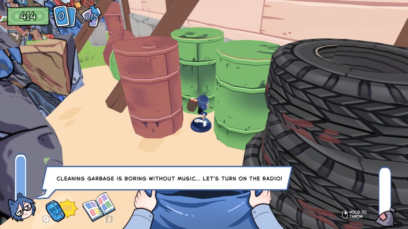 KOTAMON collectible figurine beside car tires and green dustbin on garage's right side