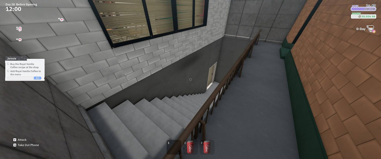 maid cafe simulator character climbing over grey concrete wall near Maidroid delivery area