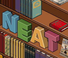 Neat! arranging letters N, E, A, T to spell 'NEAT' in the library chapter