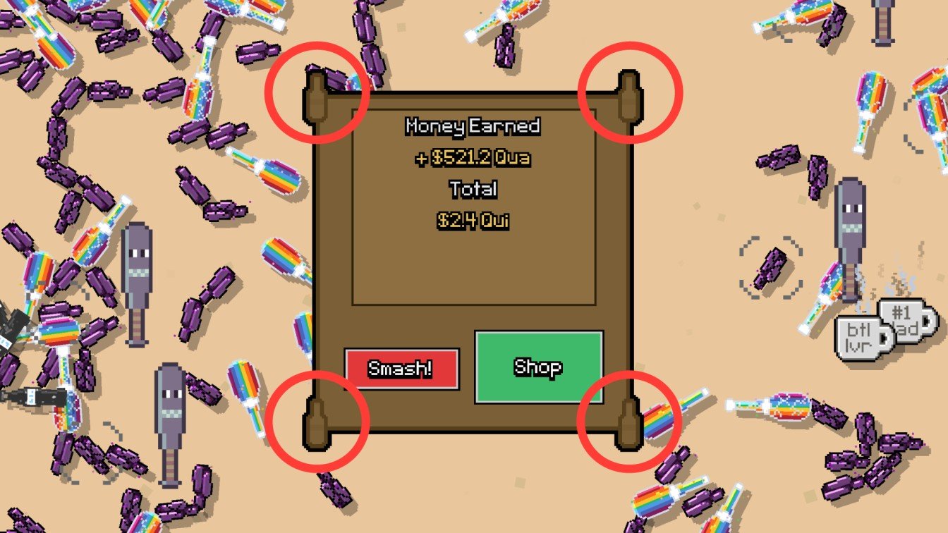 Smashing Bottles Batglasses hidden four bottles around round overview screen corners