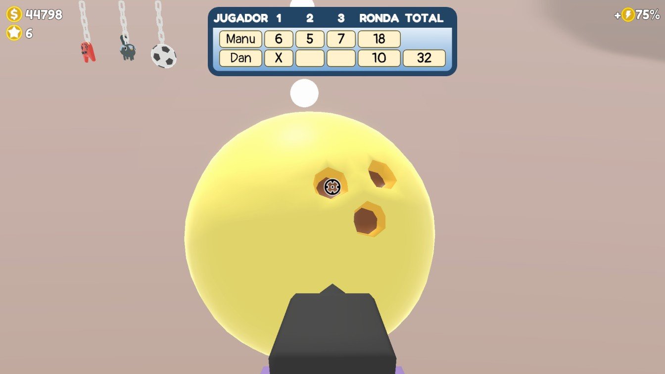 Sniper Dan aiming at the first hole of the bowling ball in the minigame