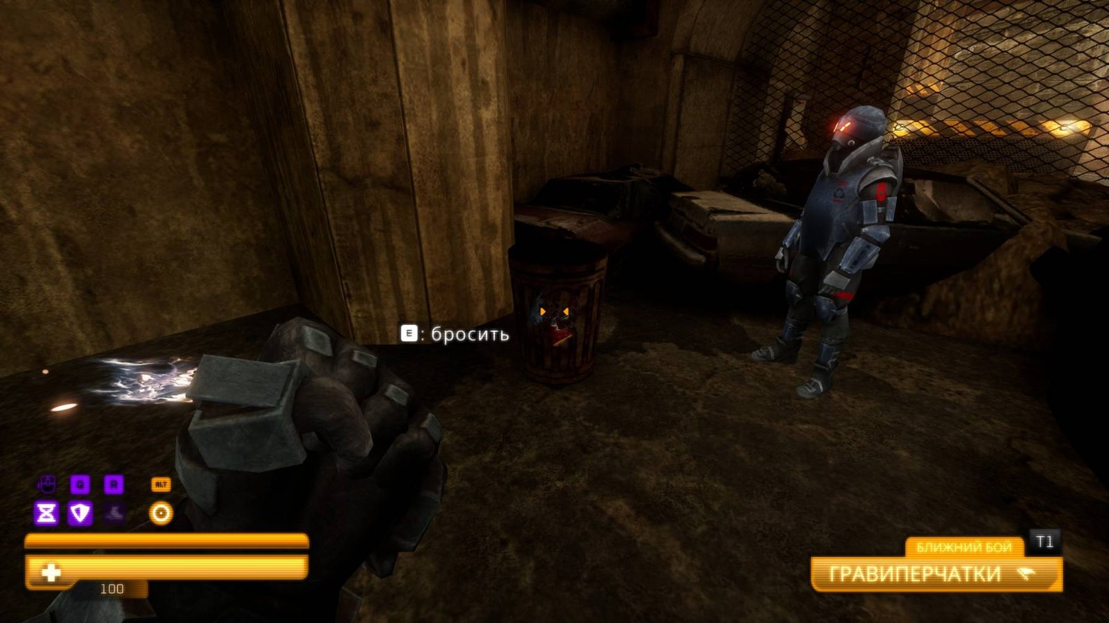Sprawl Zero player placing red can into the trash bin near soldiers and large robot