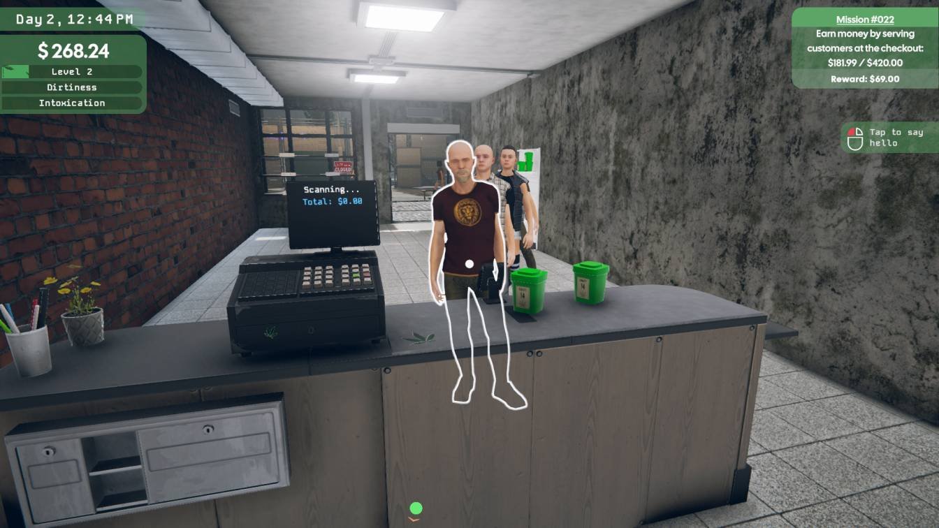 Weed Supermarket Simulator cashier counter with busy queue and player charging customers.